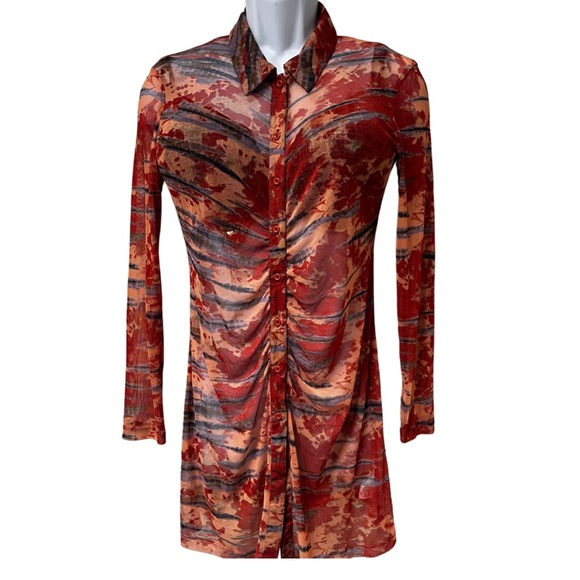 Women's Long Sleeve Button-Front Mesh Dress - Wild Fable™ Orange Tie-Dye Small - Picture 2 of 6